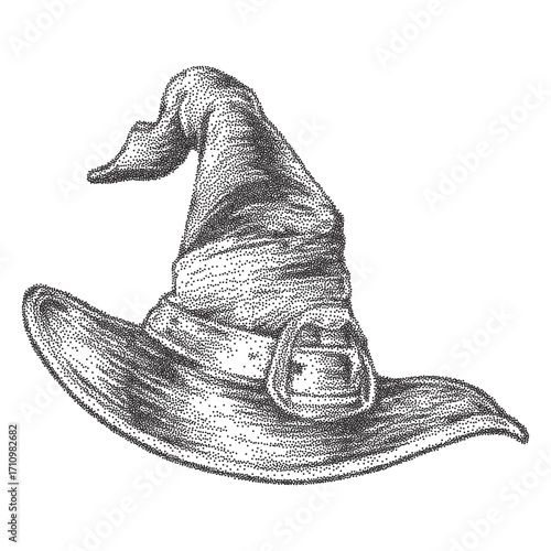 Vintage stippling engraving of witch hat with buckle, halftone photocopy texture, spooky grunge retro style vector illustration for Halloween, gothic magic and dark fantasy designs