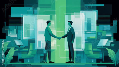 Two businessmen in suits shaking hands in a modern office environment, surrounded by digital screens and abstract geometric shapes, symbolizing partnership and collaboration