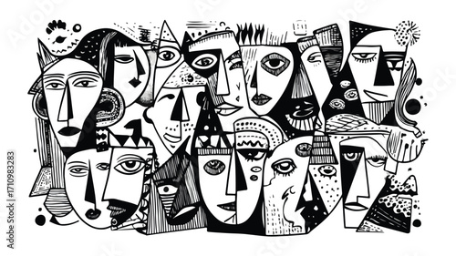 Various Hand-Drawn Decorative Faces Collection for Creative Projects
