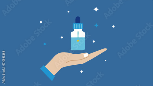 Exosome Infusion Dropper A dropper bottle filled with a light serum. The dropper is hovering over a hand with gentle sparkles enhancing the scene to suggest the application of a