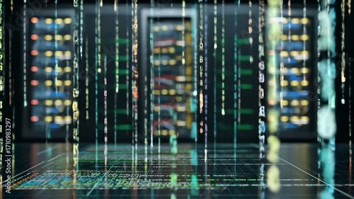 Data streams cascade over server racks, illuminating a complex digital network.