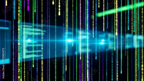 Abstract digital design with multicolored binary code and glowing shapes.