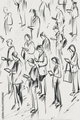 Abstract illustration of diverse individuals engaged with digital devices, showcasing modern technology use in a busy urban environment with dynamic movement and interaction