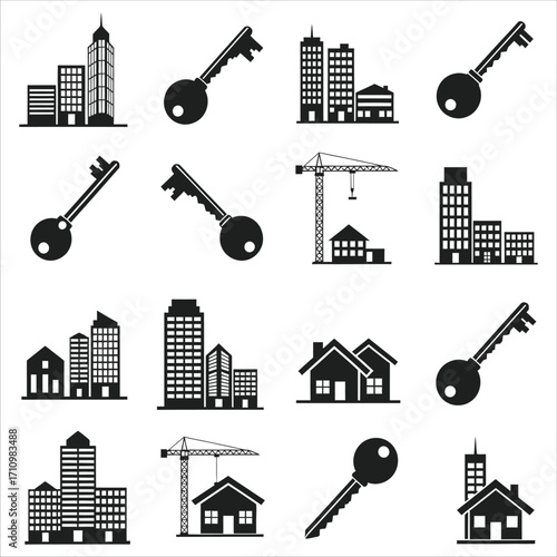 Collection of Icons Representing Real Estate Buildings, Houses, and Keys for Property Transactions and Ownership