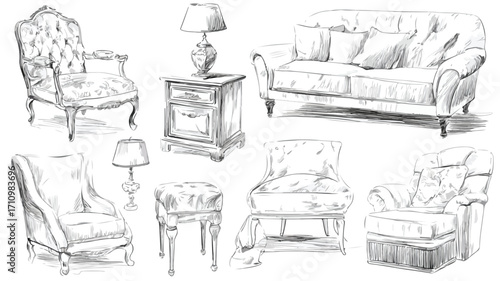 Exquisite Hand-Drawn Decorative Sofa and Fur Collection for Interior Designers