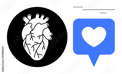 Black background anatomical heart contrasts with blue social media love icon in speech bubble. Ideal for health, relationships, technology, communication, emotion, digital connection, metaphor
