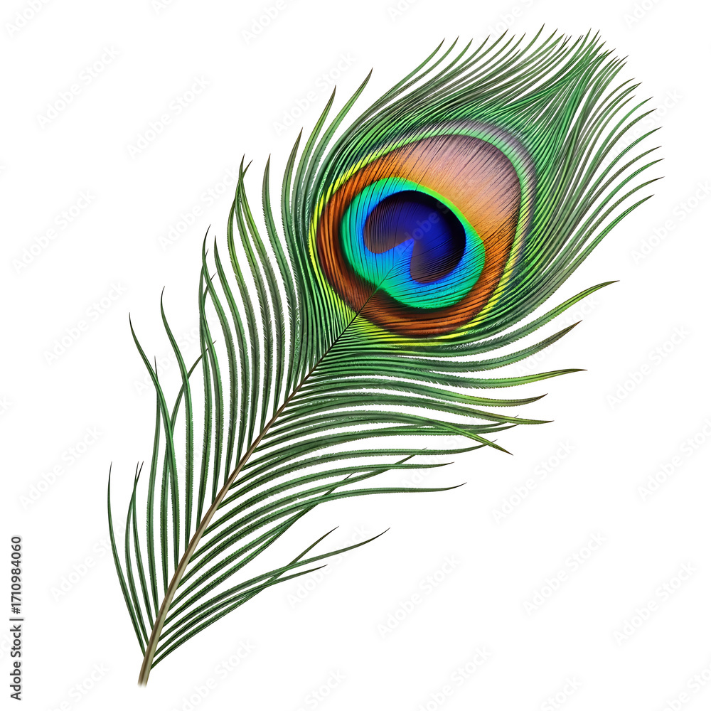 Obraz premium A vibrant peacock feather isolated on white background, showcasing its intricate details and iridescent colors, a symbol of beauty and exotic nature. 