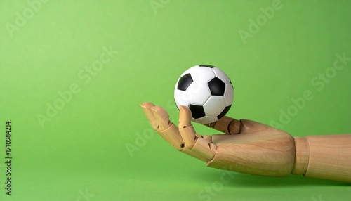 A wooden mannequin hand holds a small soccer ball against a bright lime green background.