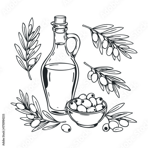 Artistic olive oil bottle and branches still life kitchen counter graphic illustration natural setting top-down view culinary concept. Vector illustration