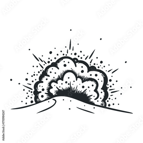 Explosion erupts from volcano natural landscape black and white illustration artistic viewpoint dynamic concept. Vector illustration