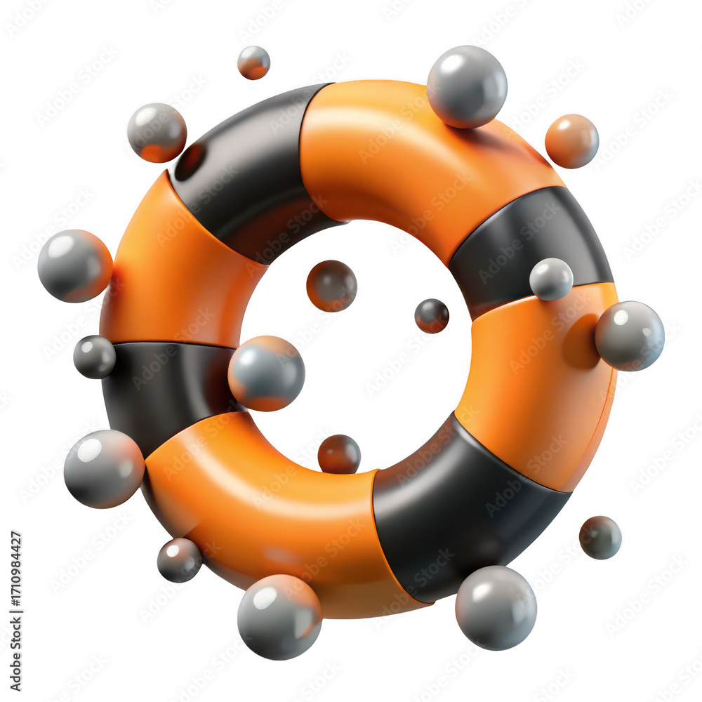 Fototapeta premium 3d abstract orange black ring floating with small spheres surrounded title should be unique, creative and subject oriented