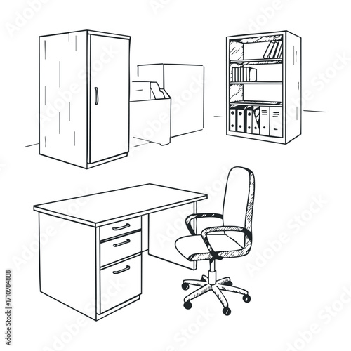 Office furniture arrangement sketch modern workspace illustration minimalist design overhead view office concept. Vector illustration