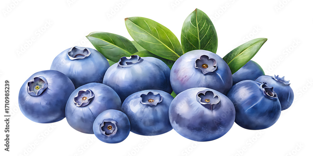 Fototapeta premium Heap of fresh blueberries with green leaves isolated on transparent background, perfect for healthy eating concepts