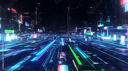 A futuristic cityscape composed of glowing lines and vibrant digital displays, creating a dynamic and energetic visual.
