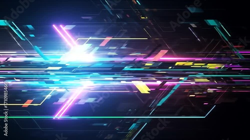 A dynamic abstract design featuring vibrant neon colors and geometric shapes, creating a futuristic and energetic visual effect.