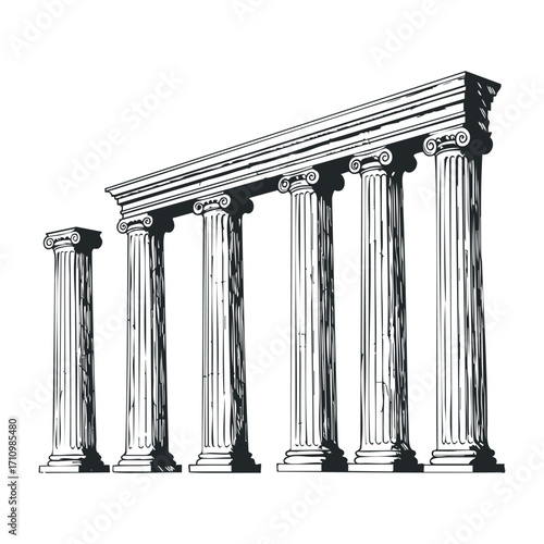 Ancient architecture columns standing tall in historical ruins black and white art artistic perspective. Vector illustration