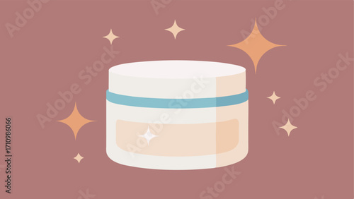 Cream Jar with Stars A sleek round cream jar with a shiny lid surrounded by sparkling stars to convey the idea of overnight rejuvenation.