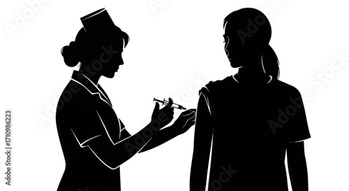 Caring nurse administering vaccine to patient in silhouette, promoting health and prevention with modern medical care