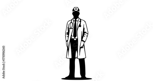 Trustworthy doctor standing tall with stethoscope, ready to serve patients with confidence and professionalism, symbolizing care and medical expertise