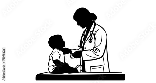 Caring doctor examining cute baby in medical clinic, promoting health and wellness with a modern, professional feel for pediatric healthcare campaigns