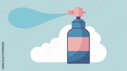 Calming Facial Spray An elegant spray bottle with mist emanating from the nozzle. The background features soft waves and clouds representing the soothing effect of the product on