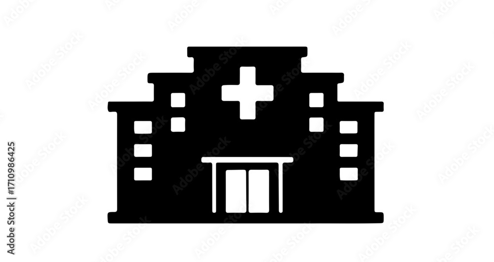 Fototapeta premium Modern hospital building icon with a prominent cross symbol, representing healthcare services and medical facilities for vital care.