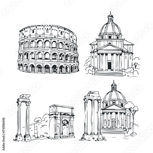 Architectural sketches of historic landmarks in rome italy illustration urban environment artistic viewpoint. Vector illustration