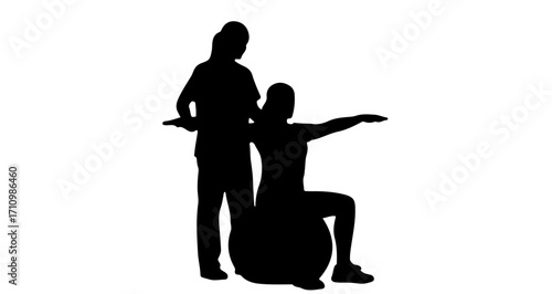Professional trainer guides client in core strengthening exercise using stability ball for enhanced balance and physical therapy.