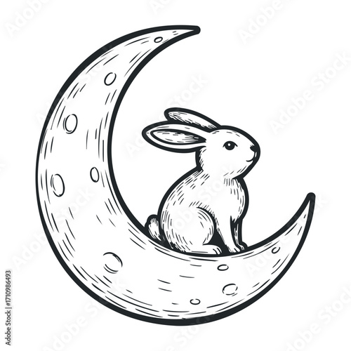 Whimsical rabbit sitting on crescent moon enchanted night sky illustration dreamy atmosphere soft lines. Vector illustration
