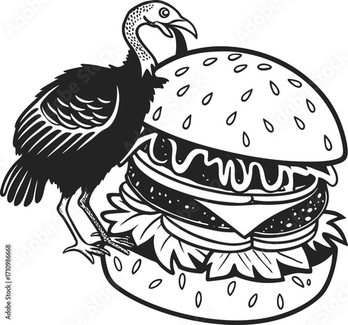 Black and white illustration of a turkey perched on a large burger food animal