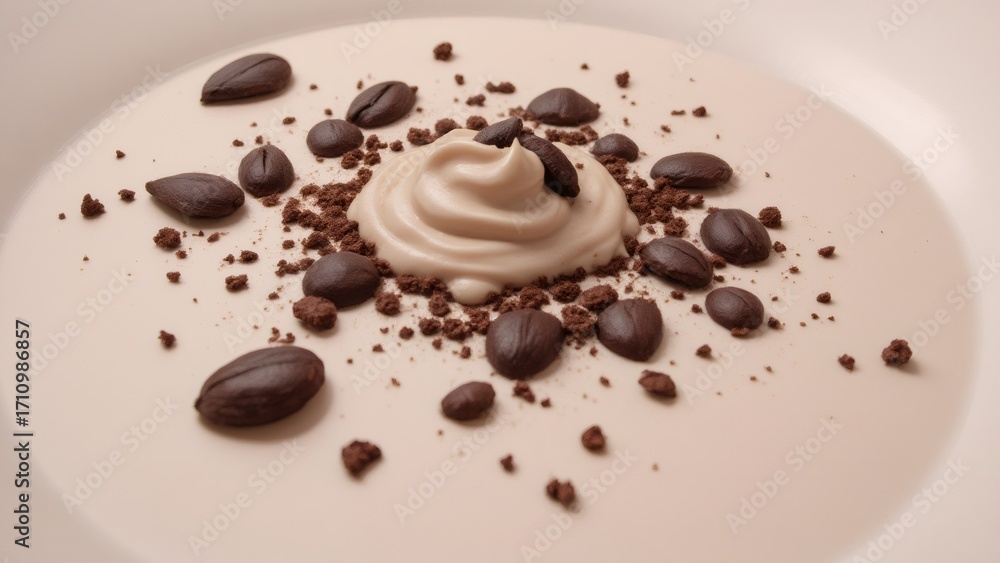 Fototapeta premium Coffee mousse dessert with chocolate coffee beans in white plate, closeup