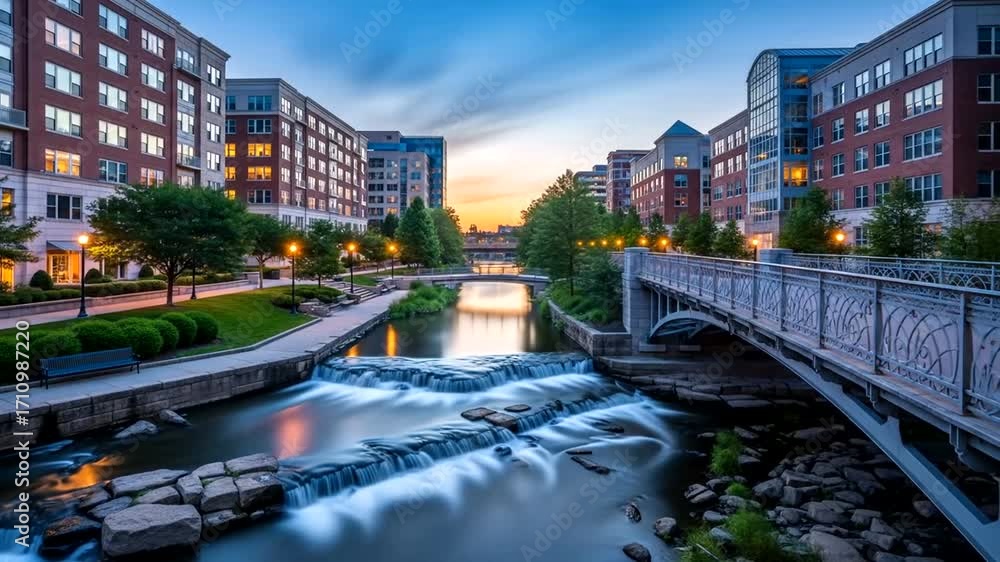 Scenic waterfront living at sunset featuring modern apartment buildings ...