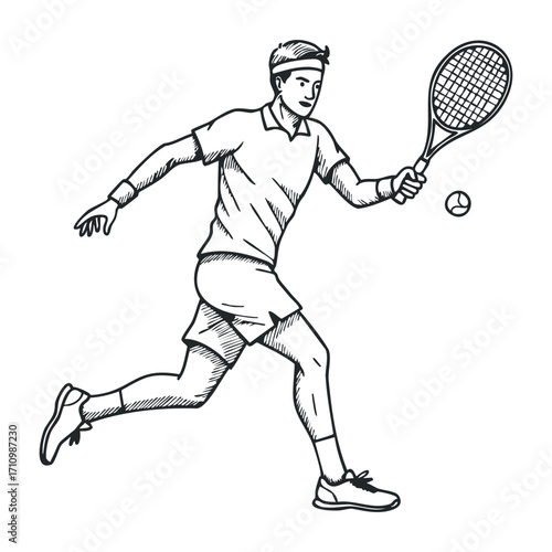 Tennis player hitting a forehand outdoor court illustration active sports scene dynamic perspective. Vector illustration