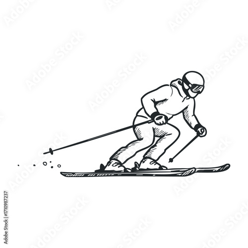 Skiing action sports mountain resort illustration snowy environment side view winter adventure. Vector illustration