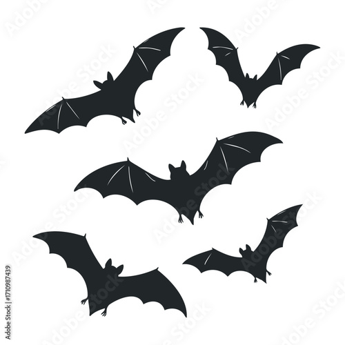Bats in flight dark night sky animal silhouette spooky environment aerial view halloween concept. Vector illustration