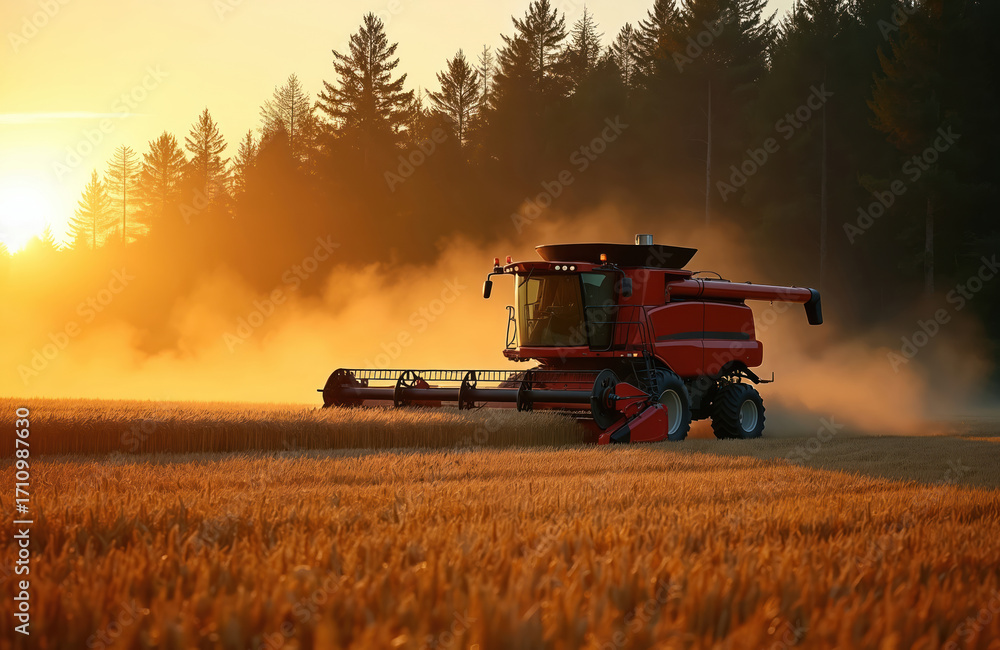 Fototapeta premium Red combine harvester works in golden wheat field at sunset. Agricultural machine harvests grain crop. Sunrise light glows dust clouds. Forest trees on background. Farming activity.
