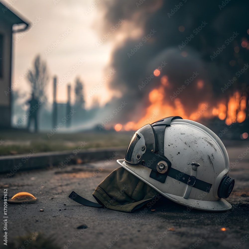 Fototapeta premium Scratched firefighter helmet and protective hood on asphalt with distant smoke and intense fire