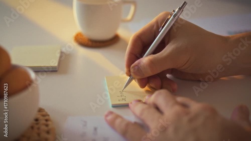 A person's hand is seen writing on a small note pad while enjoying the warm morning sunlight coming through the window. A cup of coffee sits nearby alongside some snacks