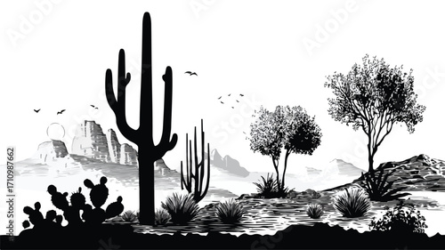 Arid Desert Landscape Silhouette with Cactus and Bushes for Adobe Stock Photos