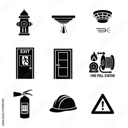 Fire safety icons including hydrant smoke detector exit sign fire hose and extinguisher vector