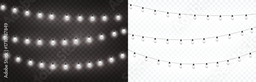 Lights bulbs isolated on transparent background. Glowing fairy Christmas garland strings. Vector New Year party led lamps decorations
