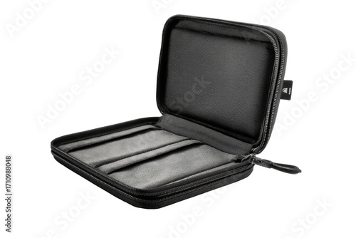 Open travel case for electronics, soft interior, black, studio shot