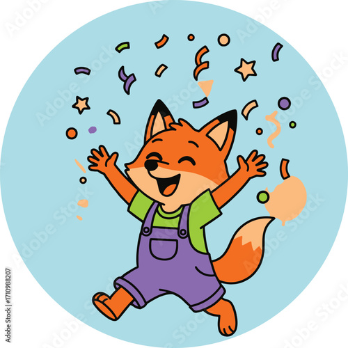 Jumping Fox Pup Confetti Celebration Vector Cartoon