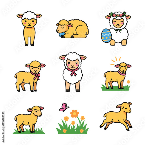 Collection of nine cartoon sheep illustrations in various poses and with Easter themes lamb