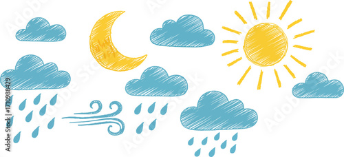 Doodle style weather icons with sun moon clouds and rain on transparent background