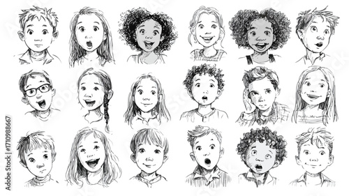 Diverse Kids Faces Expressions Doodle: Fun and Playful Children's Outline Drawings