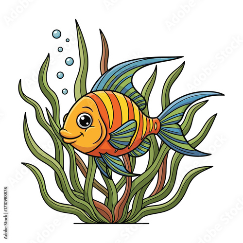 Cartoon orange fish with blue and green fins swimming among green seaweed and bubbles yellow