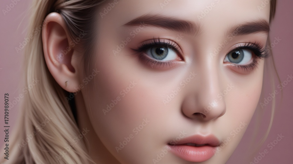 Fototapeta premium Elegant woman with cool eyes, soft makeup, on a pink background