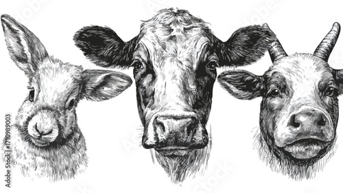 Farm Animal Head Drawing on White Background