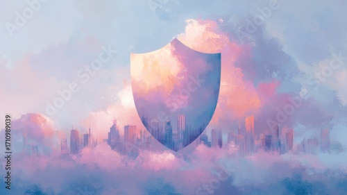 Abstract illustration of a shield shape emerging from colorful clouds above a city skyline, symbolizing protection, security, and safety in a vibrant, dreamlike atmosphere